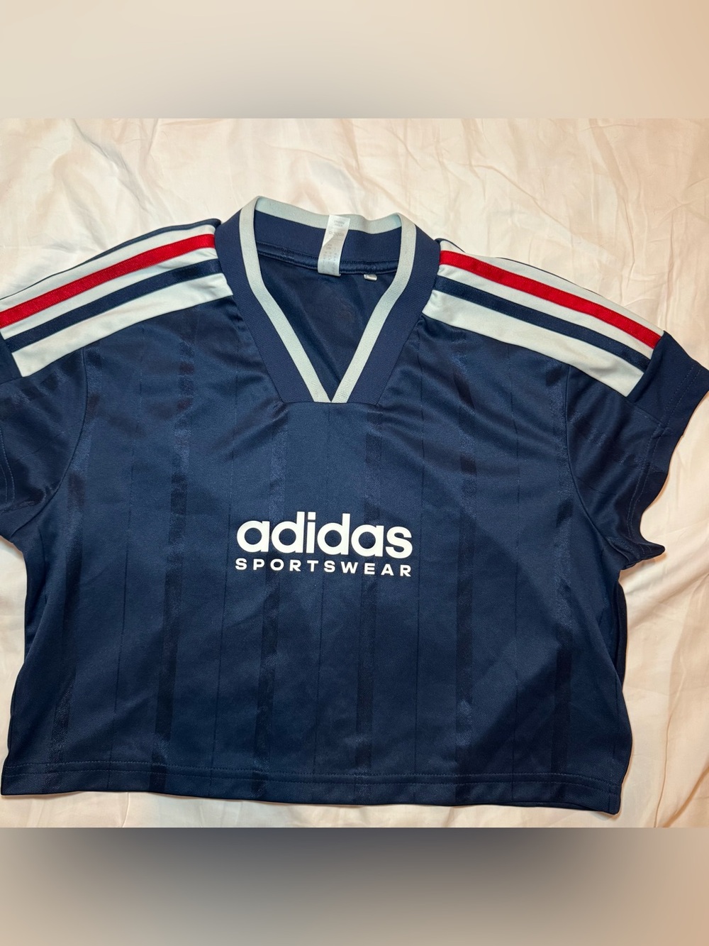 adidas Navy V-Neck Cropped Jersey with Red & Light Blue Stripes